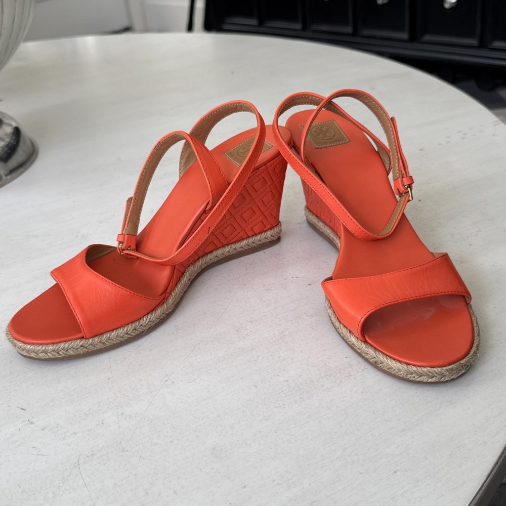 Tory Burch Women's Orange Quielted Espadrille Wedge Sandals, Slingback, Size 8